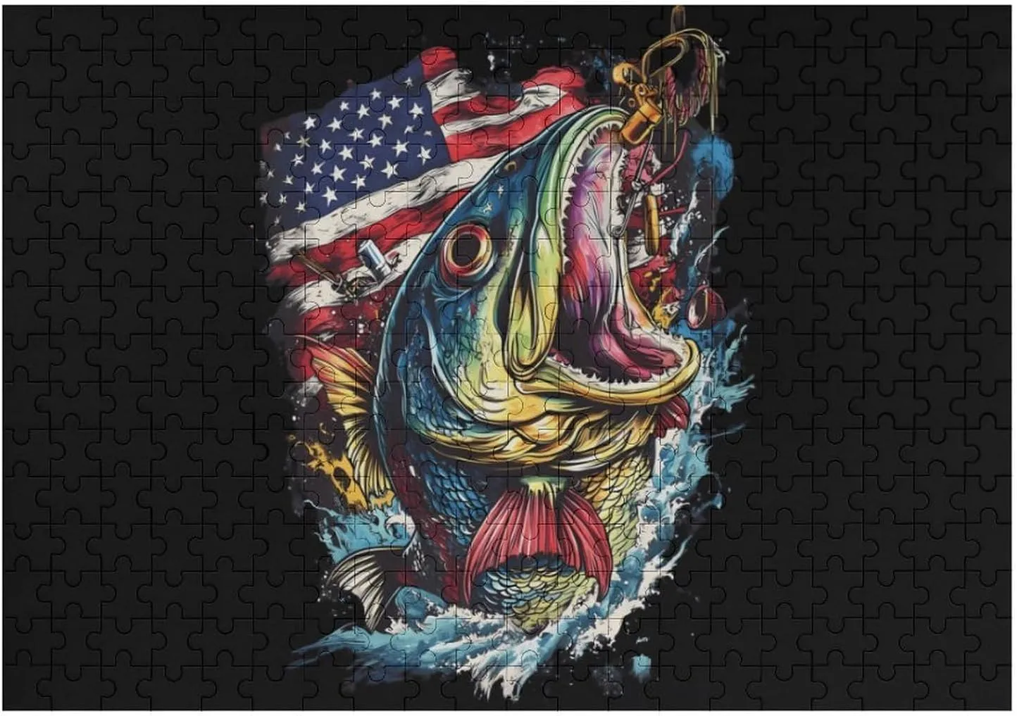 U.S. Flag Bass Fishing Funny Jigsaw Puzzles for Adults Unique Gifts Challenging Game Decor 300/500/1000 Pieces