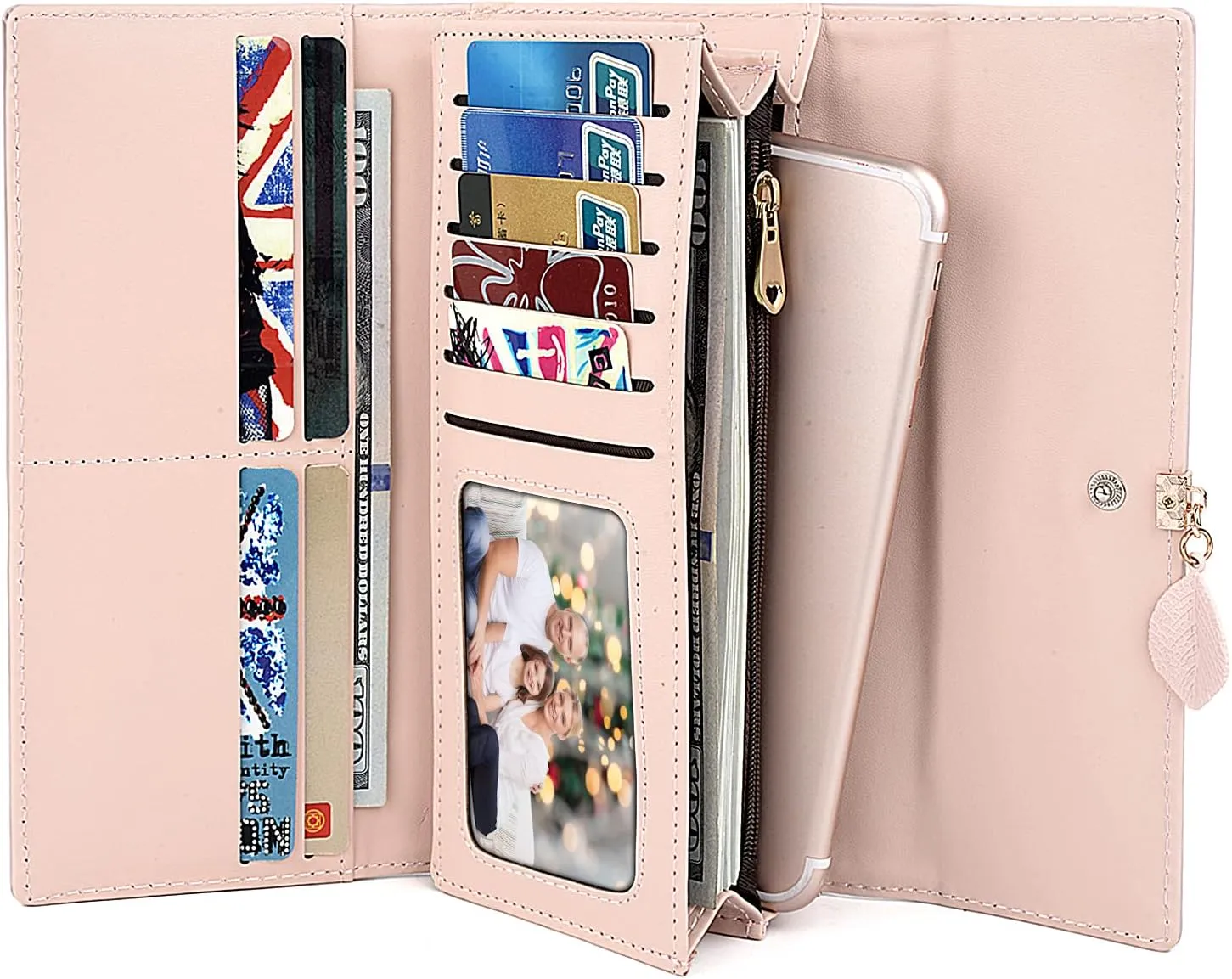 UTO RFID Wallet for Women PU Leather Leaf Pendant Card Holder Phone Checkbook Organizer Zipper Coin Purse