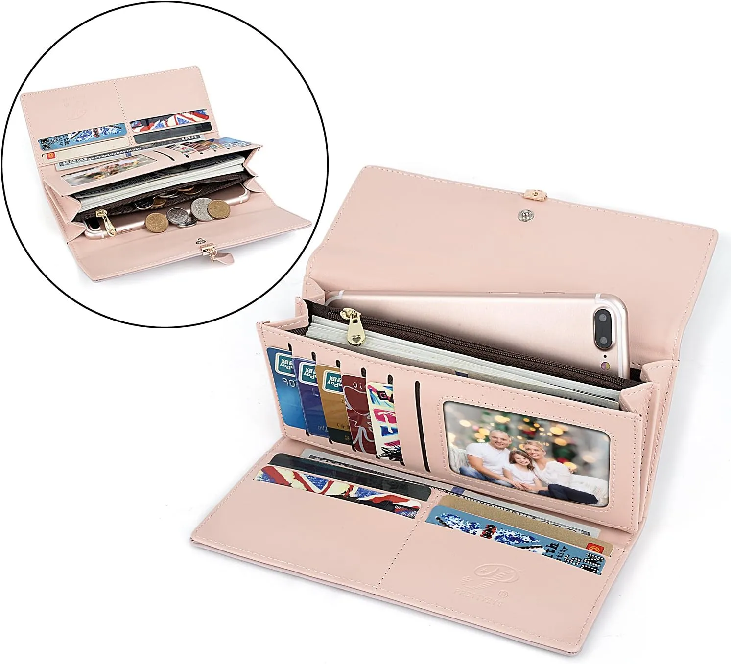 UTO RFID Wallet for Women PU Leather Leaf Pendant Card Holder Phone Checkbook Organizer Zipper Coin Purse