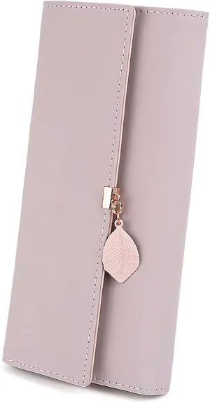 UTO RFID Wallet for Women PU Leather Leaf Pendant Card Holder Phone Checkbook Organizer Zipper Coin Purse
