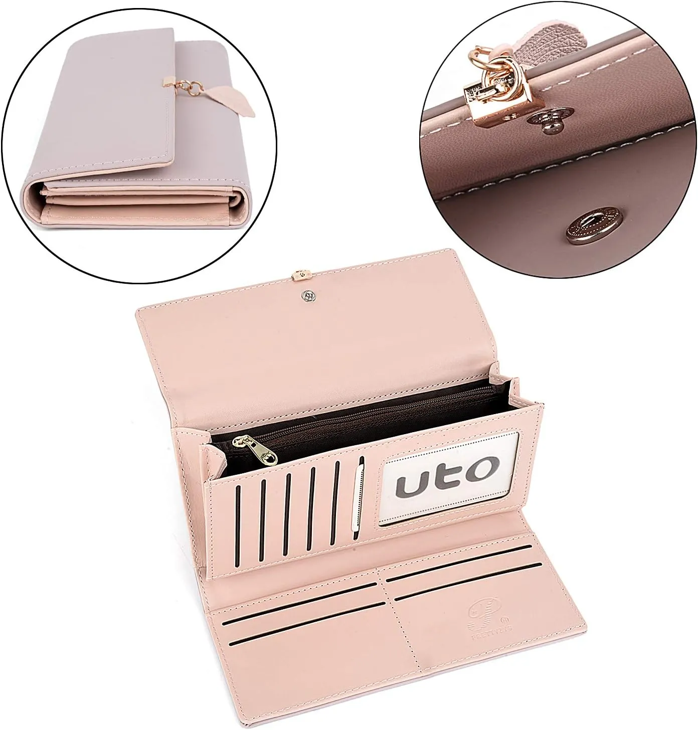 UTO RFID Wallet for Women PU Leather Leaf Pendant Card Holder Phone Checkbook Organizer Zipper Coin Purse