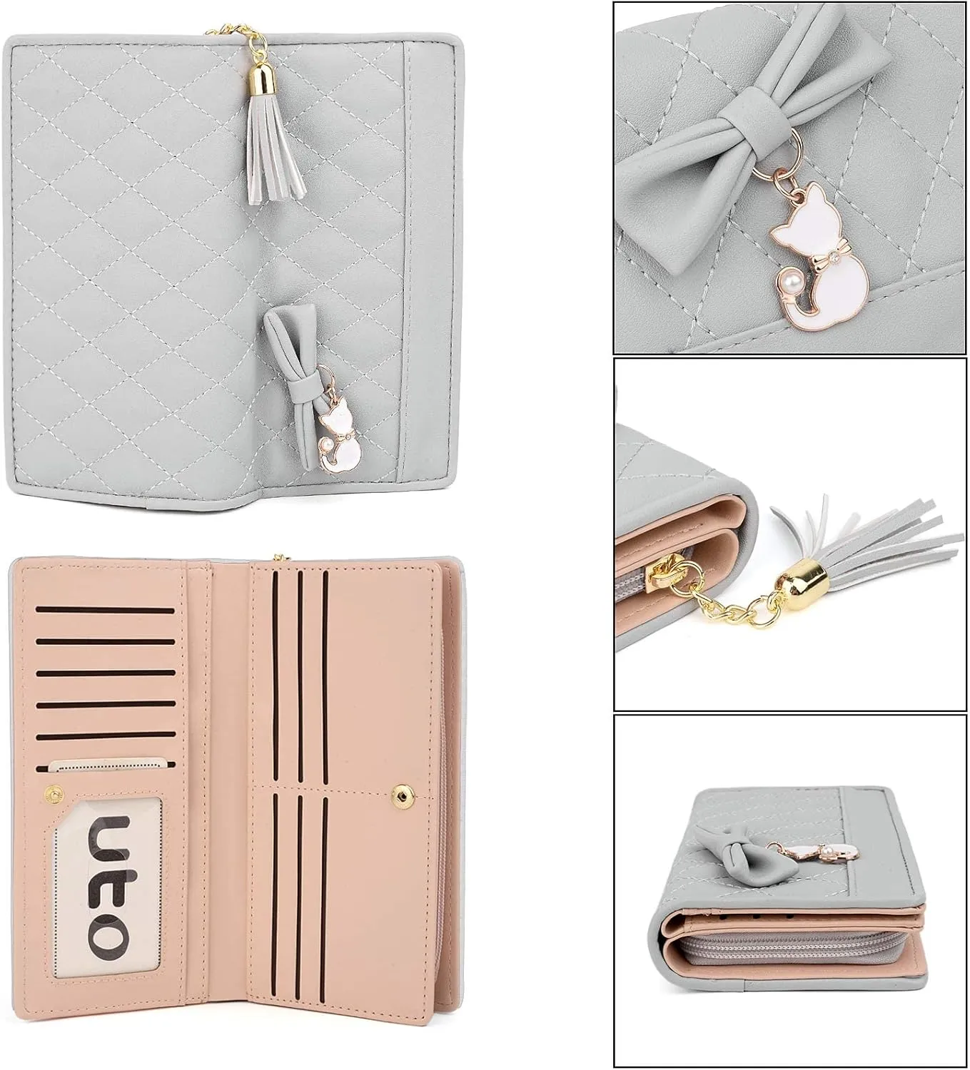 UTO Women PU Leather Wallet Large Capacity Cat Pendant Card Phone Holder Checkbook Organizer Zipper Coin Purse Zoey Black