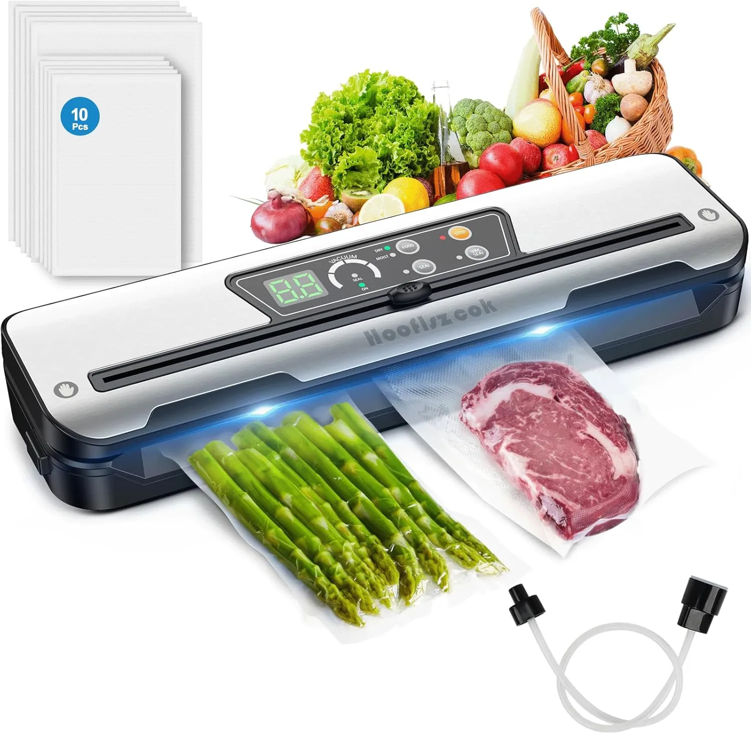 Vacuum Sealer Machine for Food with Built-In Cutter: 8-in-1 Food Sealer Vacuum Sealing for Liquid/Dry/Moist Saver,Manual/External Super Strong Suction,Countdown Display,Stainless Steel,Starter Kit
