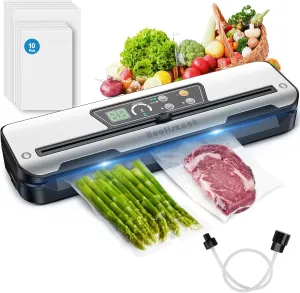 Vacuum Sealer Machine for Food with Built-In Cutter: 8-in-1 Food Sealer Vacuum Sealing for Liquid/Dry/Moist Saver,Manual/External Super Strong Suction,Countdown Display,Stainless Steel,Starter Kit