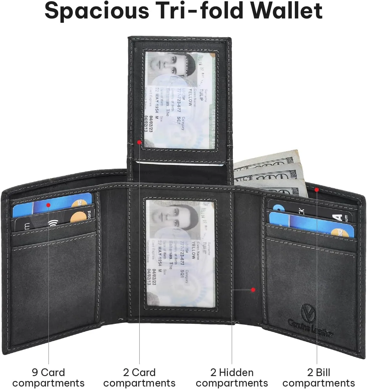 VALENCHI Leather Trifold Wallet For Men - RFID Blocking - 9 Card Slots, 2 Note Compartments & 1 ID Window - Minimalist Design, Slim Wallet - Premium, Fashionable Accessory Gifts for Men, Him