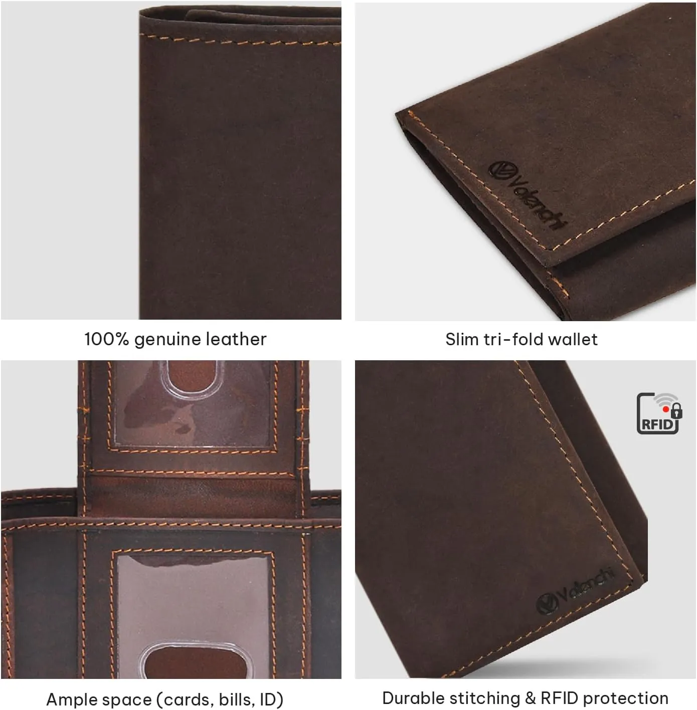 VALENCHI Leather Trifold Wallet For Men - RFID Blocking - 9 Card Slots, 2 Note Compartments & 1 ID Window - Minimalist Design, Slim Wallet - Premium, Fashionable Accessory Gifts for Men, Him