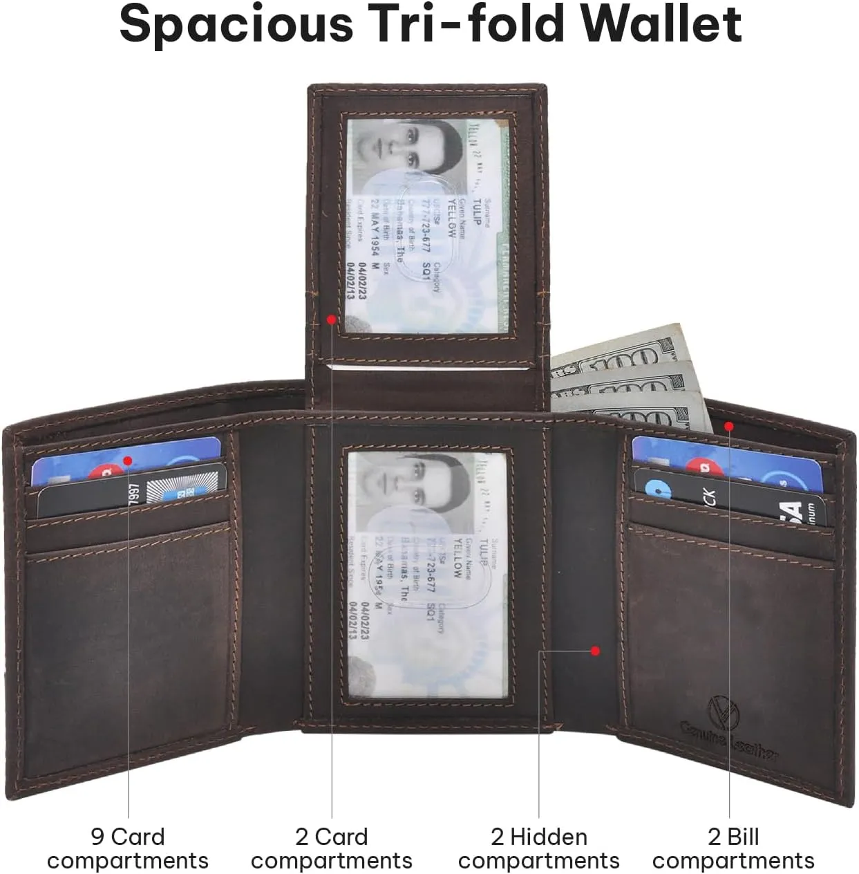 VALENCHI Leather Trifold Wallet For Men - RFID Blocking - 9 Card Slots, 2 Note Compartments & 1 ID Window - Minimalist Design, Slim Wallet - Premium, Fashionable Accessory Gifts for Men, Him