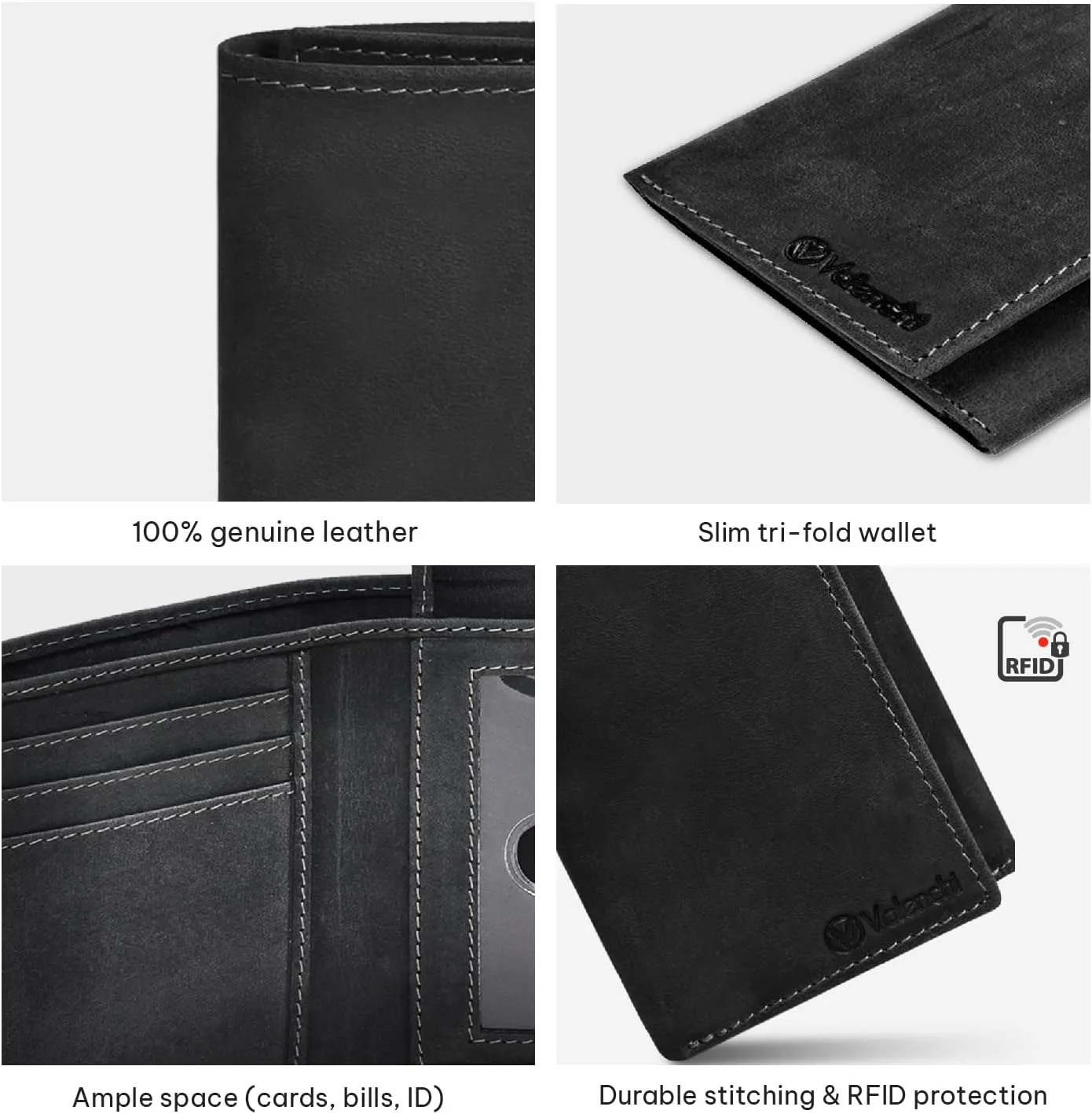 VALENCHI Leather Trifold Wallet For Men - RFID Blocking - 9 Card Slots, 2 Note Compartments & 1 ID Window - Minimalist Design, Slim Wallet - Premium, Fashionable Accessory Gifts for Men, Him