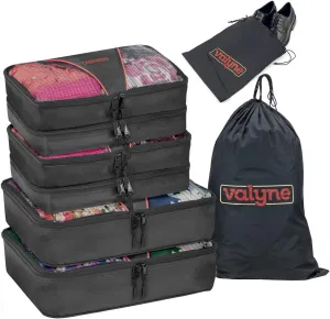 Valyne Mesh Nylon 6-pcs Packing Cubes Set, Travel Accessories Luggage Organizer Bags with Laundry/Shoe Bag (Medium Packs Double Compartment) (Black)