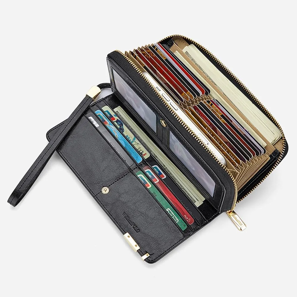 VANNANBA Long Wallet for Women Genuine Leather Zipper Wallet Large Capacity Organizer Accordion Wallet