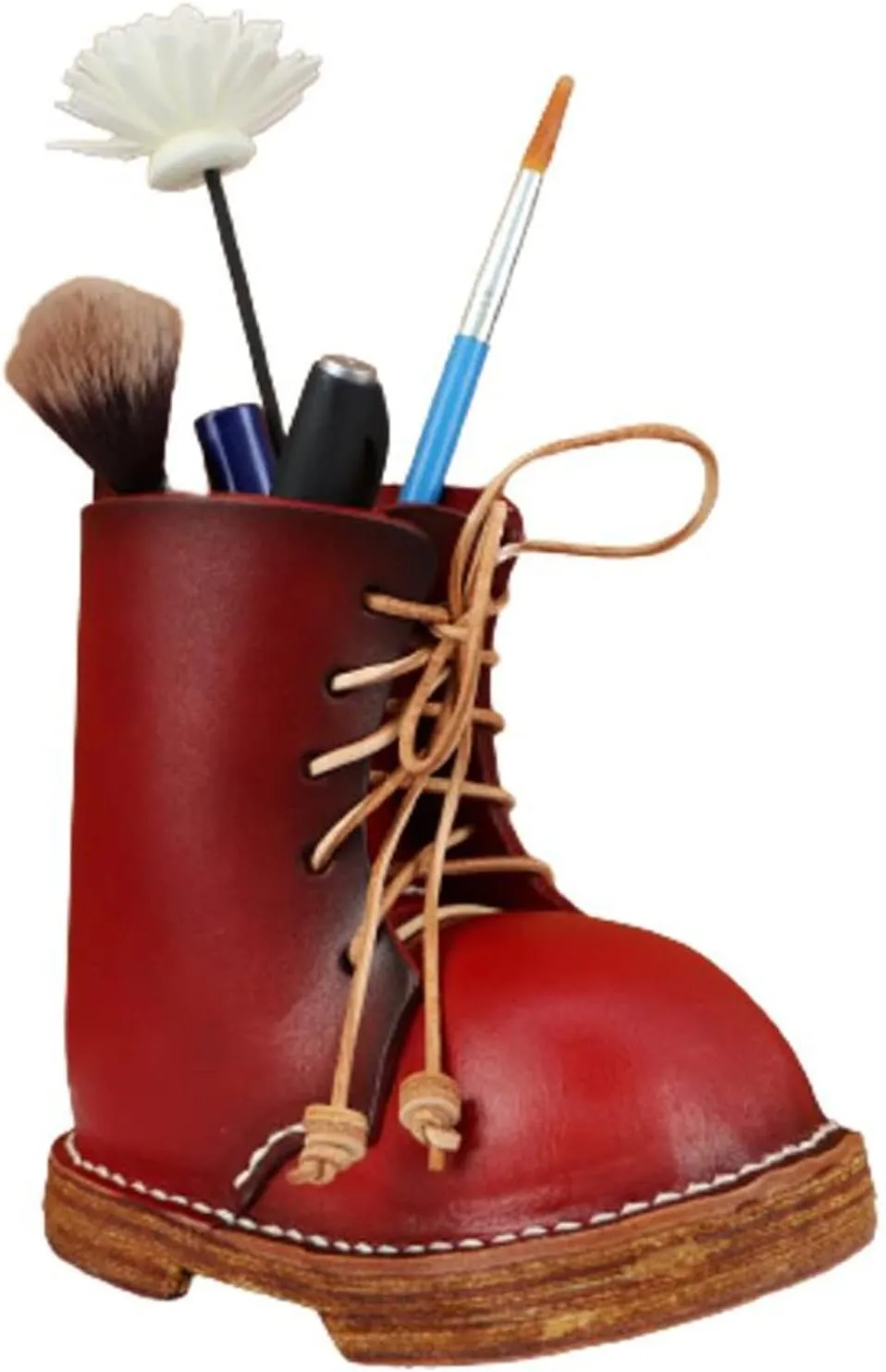 Vegetable Tanned Leather Cowhide Shoes Desktop Decorative Pen Holder Stationery Makeup Brush Organizer Creative Gifts For Men And Women (Red)