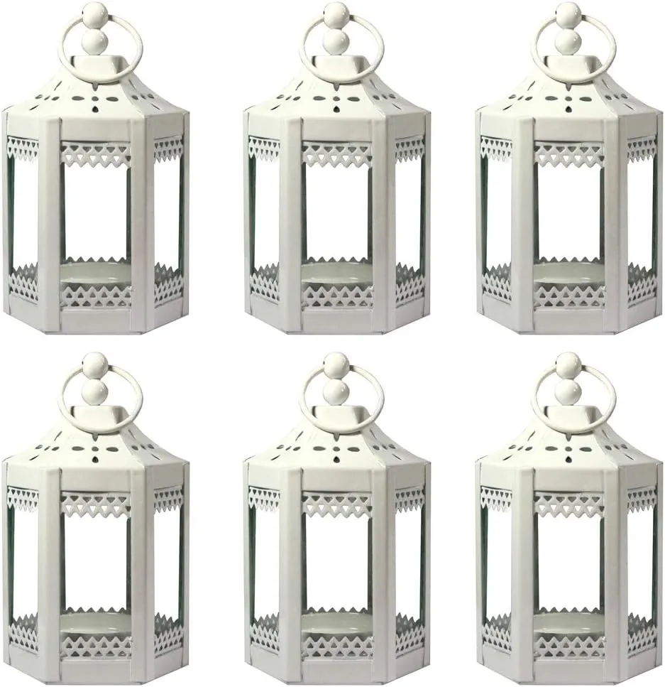 Vela Lanterns Mini Small 4.5 Inch Metal Moroccan Lanterns Decorative Candle Tealight Holders for Centerpieces, Home Decor, Weddings, White, Set of 6