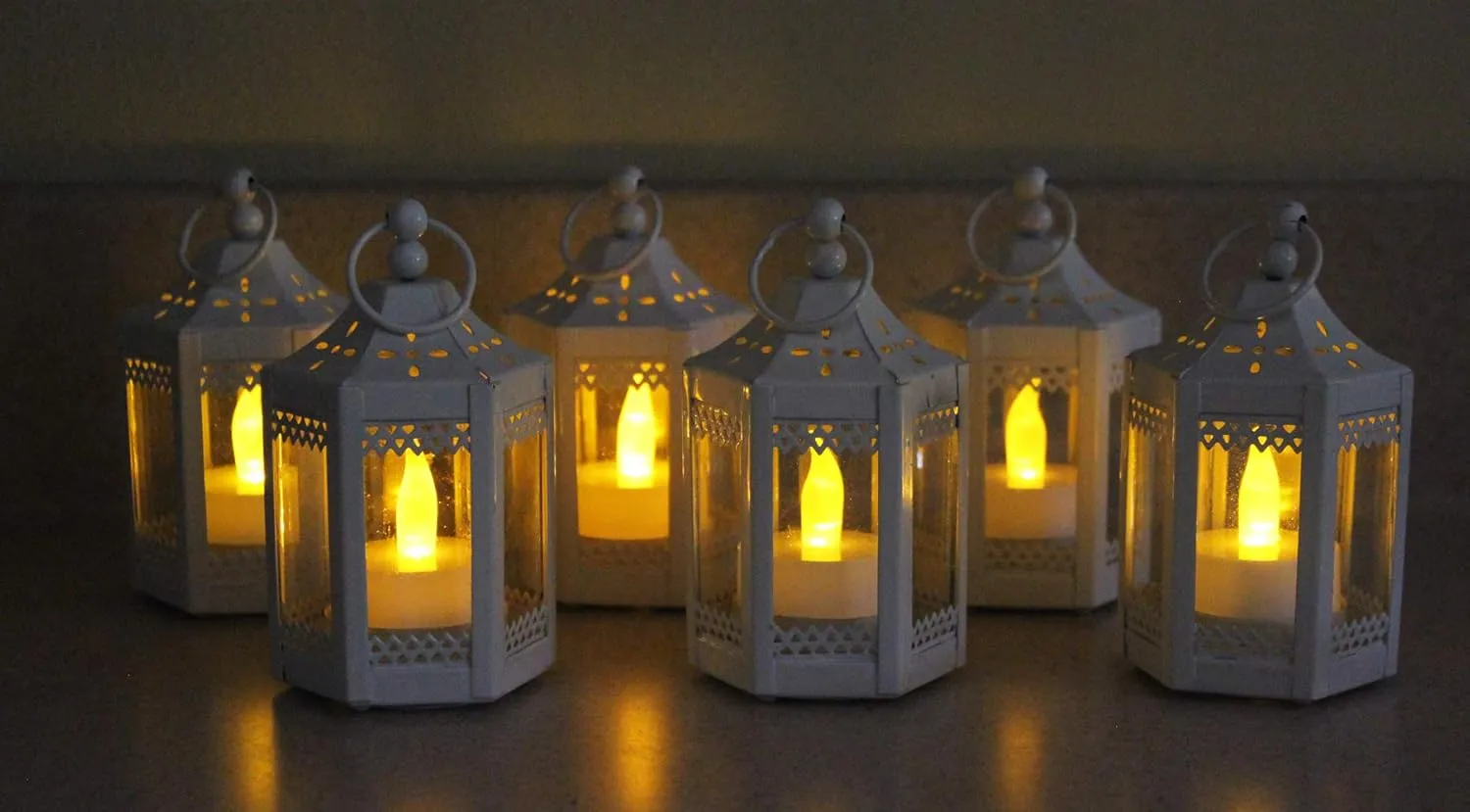 Vela Lanterns Mini Small 4.5 Inch Metal Moroccan Lanterns Decorative Candle Tealight Holders for Centerpieces, Home Decor, Weddings, White, Set of 6
