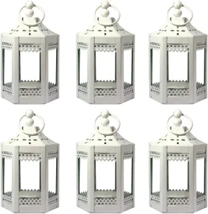 Vela Lanterns Mini Small 4.5 Inch Metal Moroccan Lanterns Decorative Candle Tealight Holders for Centerpieces, Home Decor, Weddings, White, Set of 6