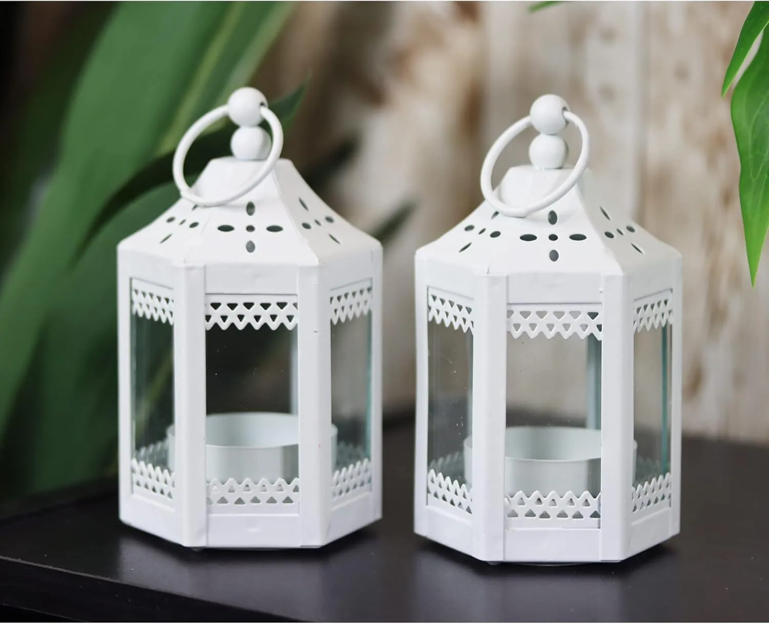 Vela Lanterns Mini Small 4.5 Inch Metal Moroccan Lanterns Decorative Candle Tealight Holders for Centerpieces, Home Decor, Weddings, White, Set of 6