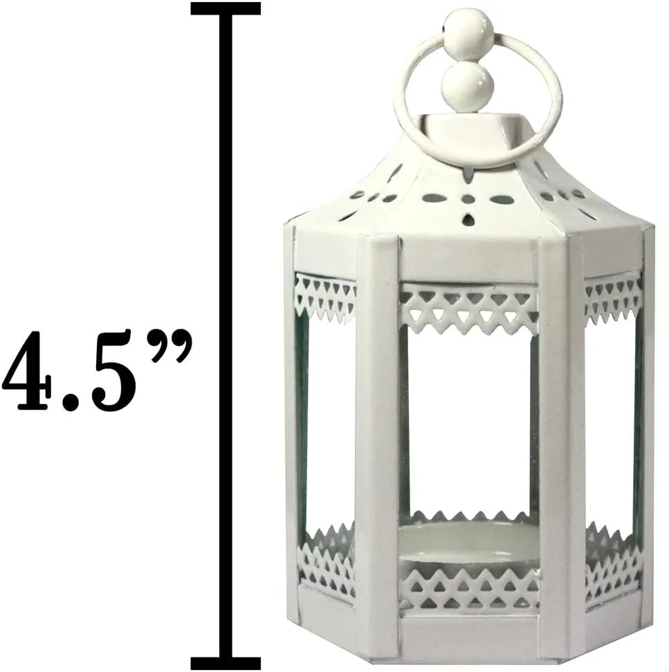 Vela Lanterns Mini Small 4.5 Inch Metal Moroccan Lanterns Decorative Candle Tealight Holders for Centerpieces, Home Decor, Weddings, White, Set of 6