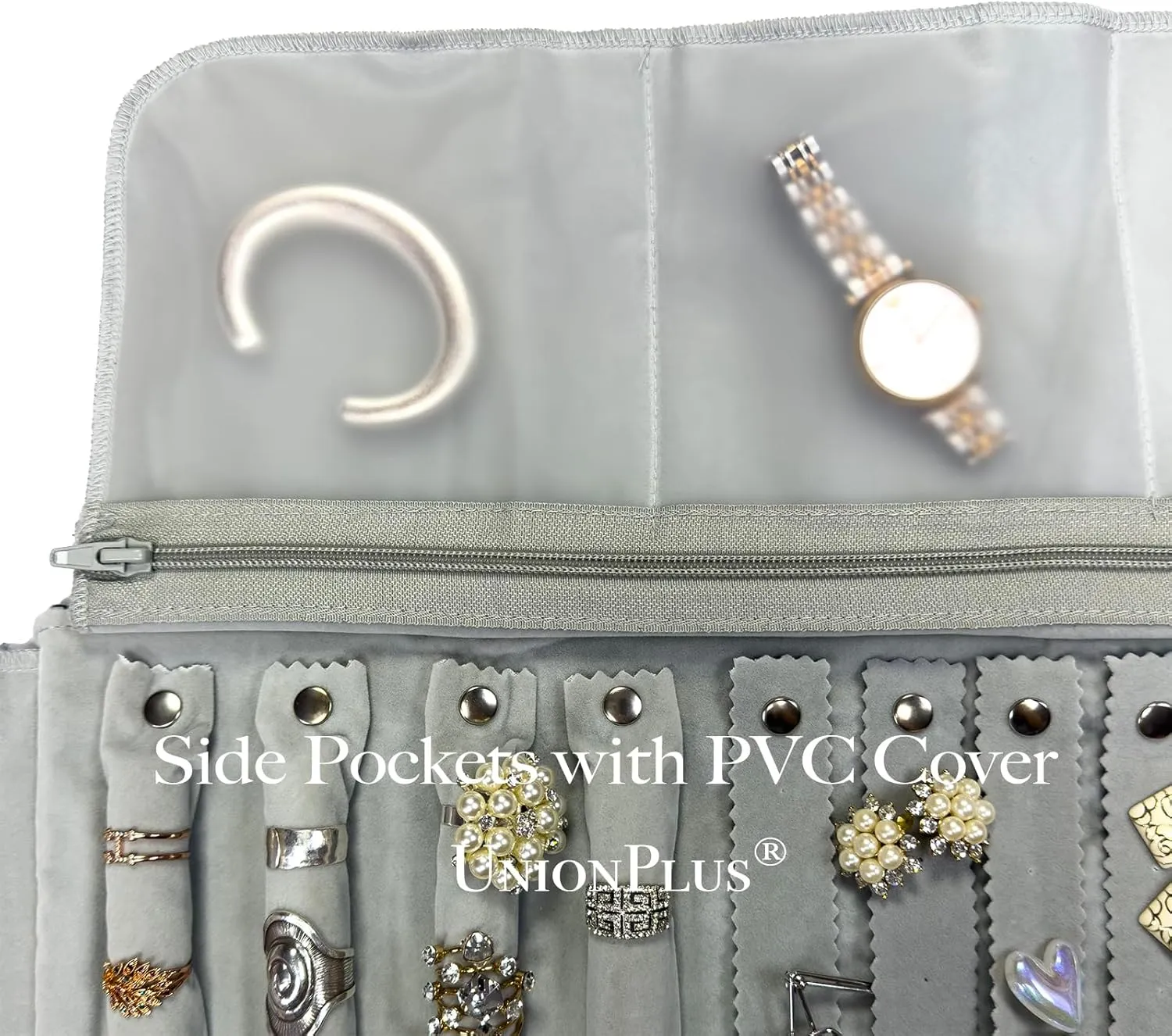 Velvet Travel Jewelry Case Roll Bag Organizer for Necklace Bracelet Earrings Ring, 6 PVC Pockets, Black  Grey Upgrade Version