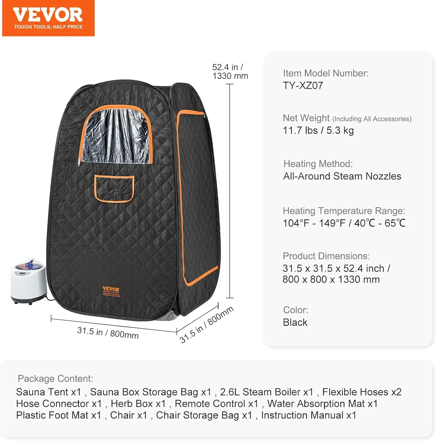 VEVOR Compact Portable Steam Sauna Tent, 1200W Sauna with Chair & Storage Bag, Home Sauna Tent for Detox Relaxation, Time & Temperature Remote Control Personal Sauna for Home, 2.6’x 2.6’x 4.3’