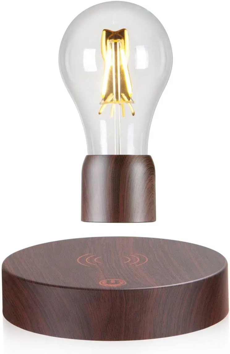 VGAzer Magnetic Levitating Floating Wireless LED Light Bulb Desk Lamp for Unique Gifts, Room Decor, Night Light, Home Office Decor Desk Tech Toys (Round Wooden Base..)