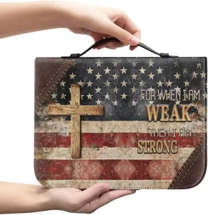 Vintage American Flag Bible Cover Bag for Women Men, Cross Print PU Leather Bible Carrying Case with Bookmark for Church Large Capacity Zippered Book Protector