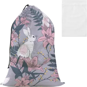 Vintage Bunnies Lillies and Fern Laundry Bags, Drawstring Closure Dirty Clothes Bag Organizer, Heavy Duty Large Laundry Bag Storage, Rip-Stop Bags for Camp Travel, Machine Washable 24 x 35.8 Inch