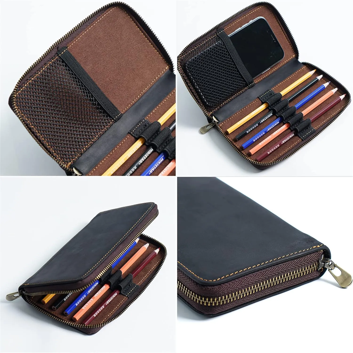 Vintage genuine Leather Pen & Pencil Case for Artists, Designers, Architects, at office, university, college and travel (Black)