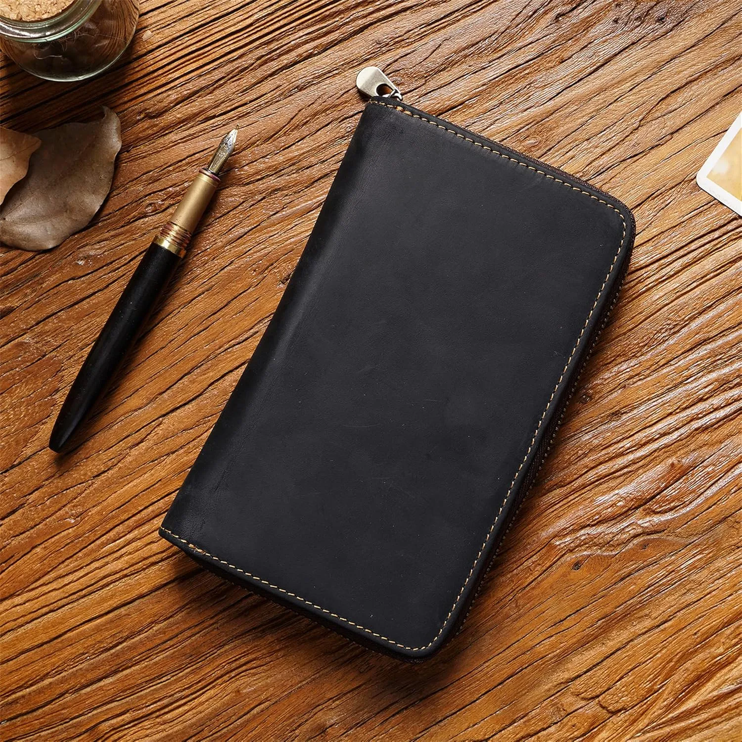 Vintage genuine Leather Pen & Pencil Case for Artists, Designers, Architects, at office, university, college and travel (Black)