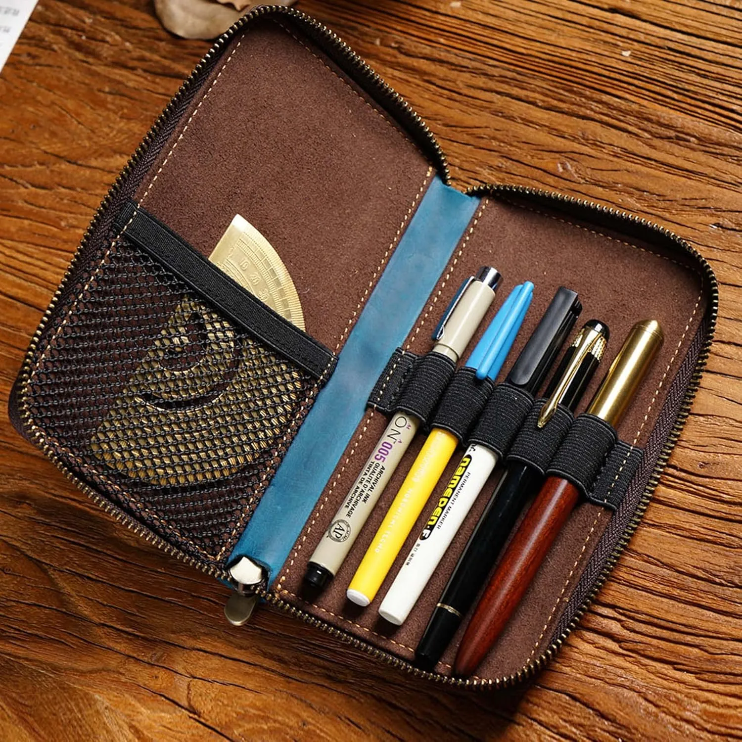 Vintage genuine Leather Pen & Pencil Case for Artists, Designers, Architects, at office, university, college and travel (Blue)