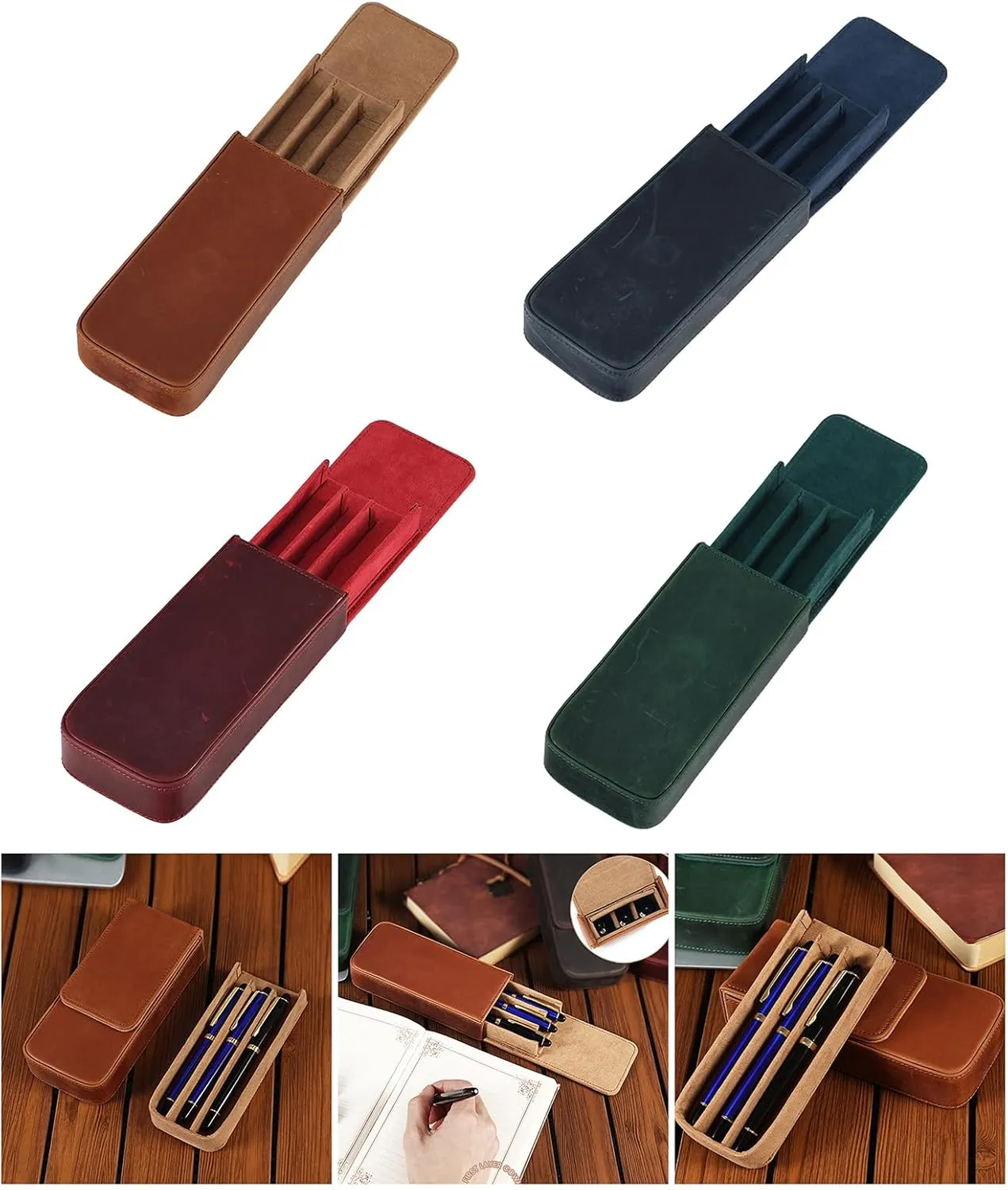 Vintage Leather Pencil Case Pull Push Fountain Pen Case Fountain Pen Holder Travel Pen Organizers for Student Women Men, Green, 7.5x16.5x3.50cm, As Pictures Shown