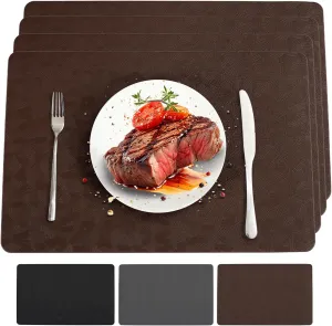 Vinyl Placemats Set of 4 100% Waterproof Oilproof PU Place Mats Heat Resistant Reversible Wipeable Faux Leather Table Mats for Dining Indoor/Outdoor and Kitchen(4, Brown)