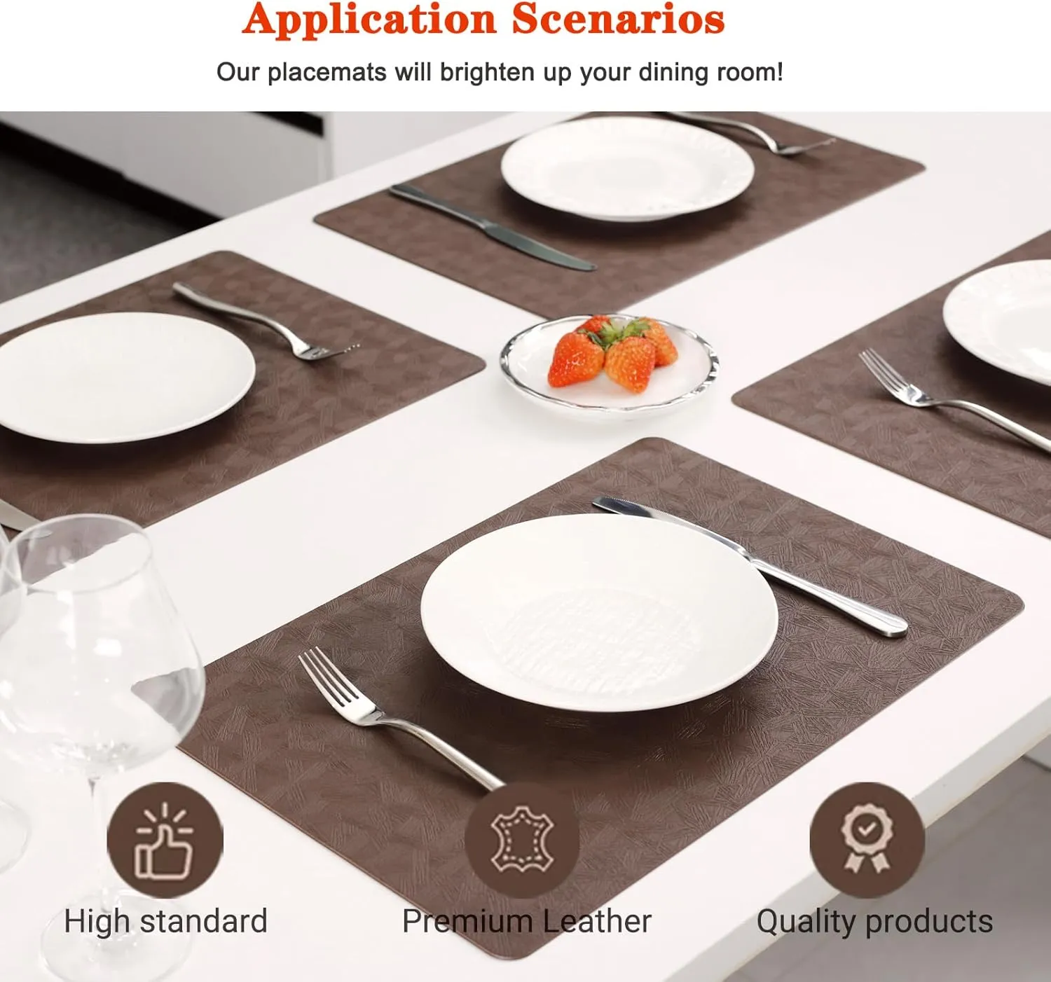 Vinyl Placemats Set of 4 100% Waterproof Oilproof PU Place Mats Heat Resistant Reversible Wipeable Faux Leather Table Mats for Dining Indoor/Outdoor and Kitchen(4, Brown)