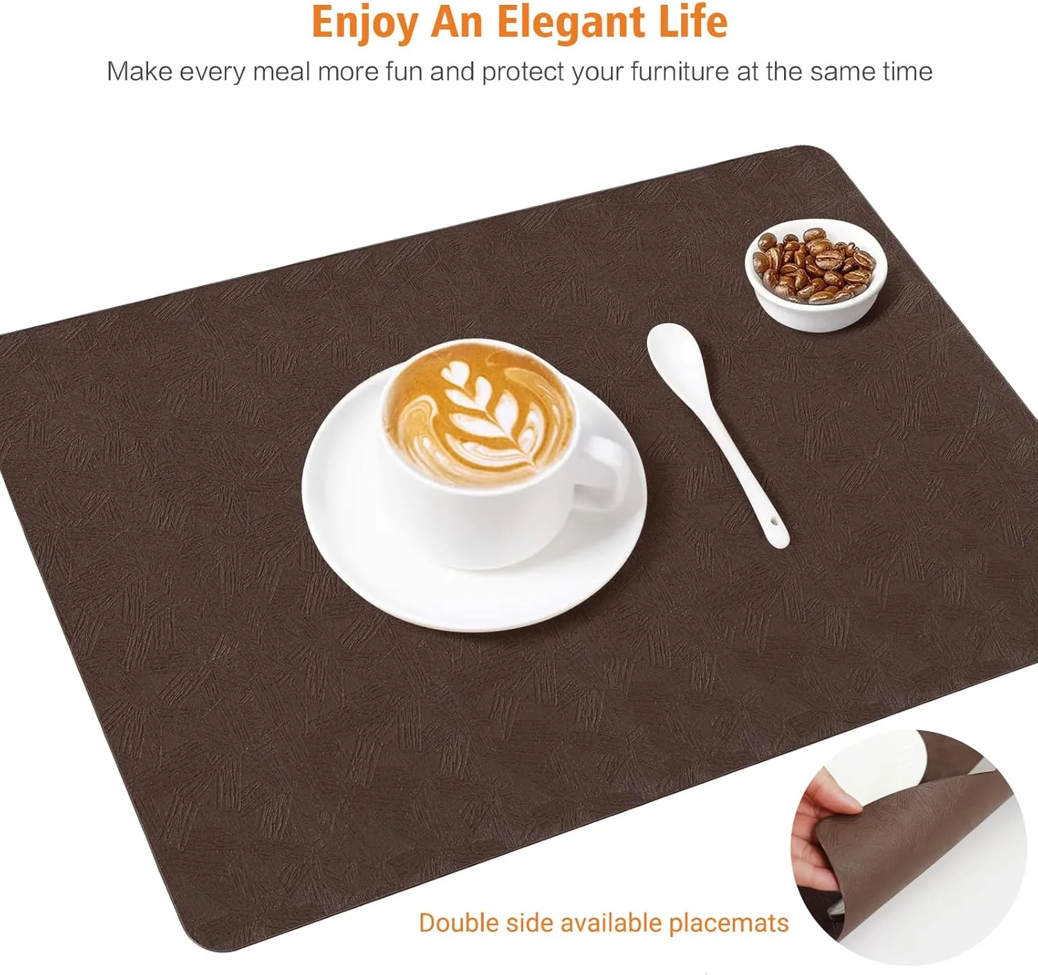 Vinyl Placemats Set of 4 100% Waterproof Oilproof PU Place Mats Heat Resistant Reversible Wipeable Faux Leather Table Mats for Dining Indoor/Outdoor and Kitchen(4, Brown)
