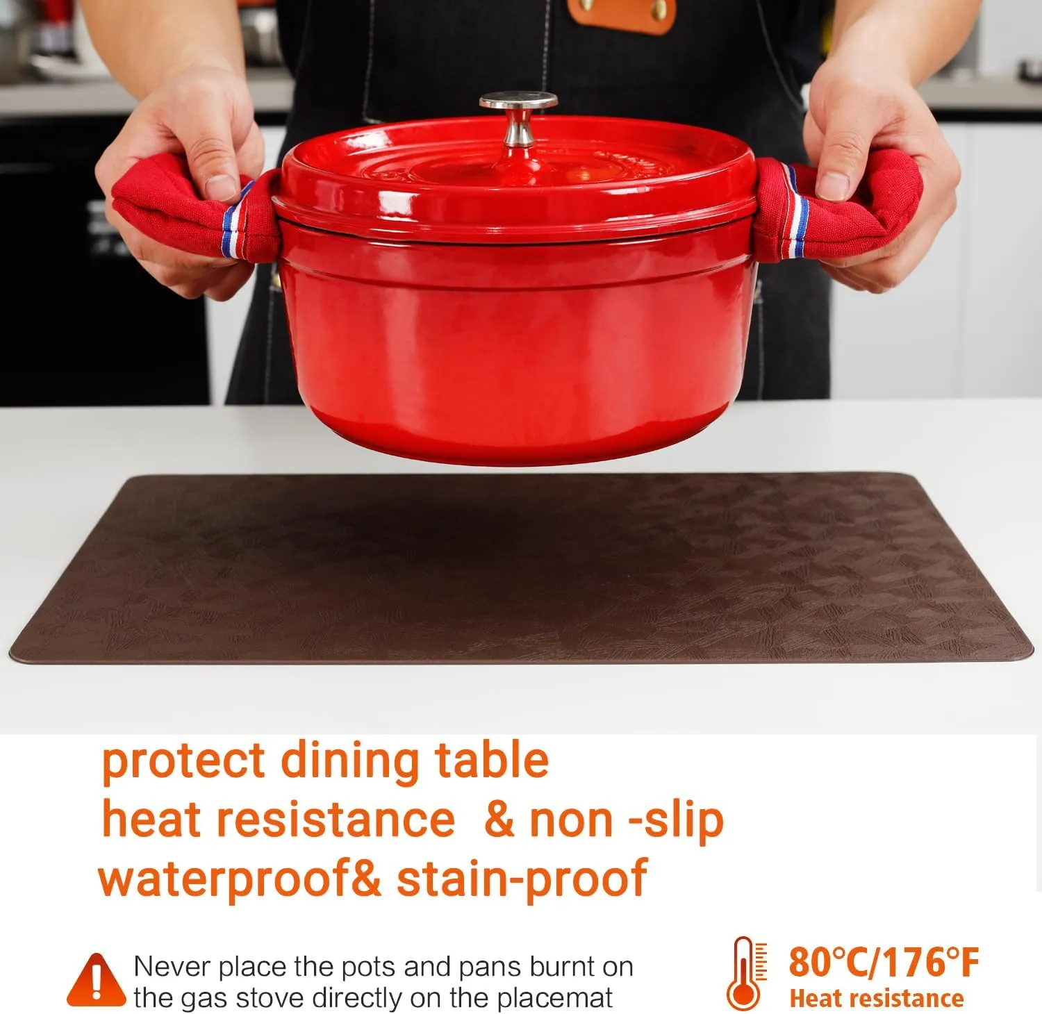 Vinyl Placemats Set of 4 100% Waterproof Oilproof PU Place Mats Heat Resistant Reversible Wipeable Faux Leather Table Mats for Dining Indoor/Outdoor and Kitchen(4, Brown)