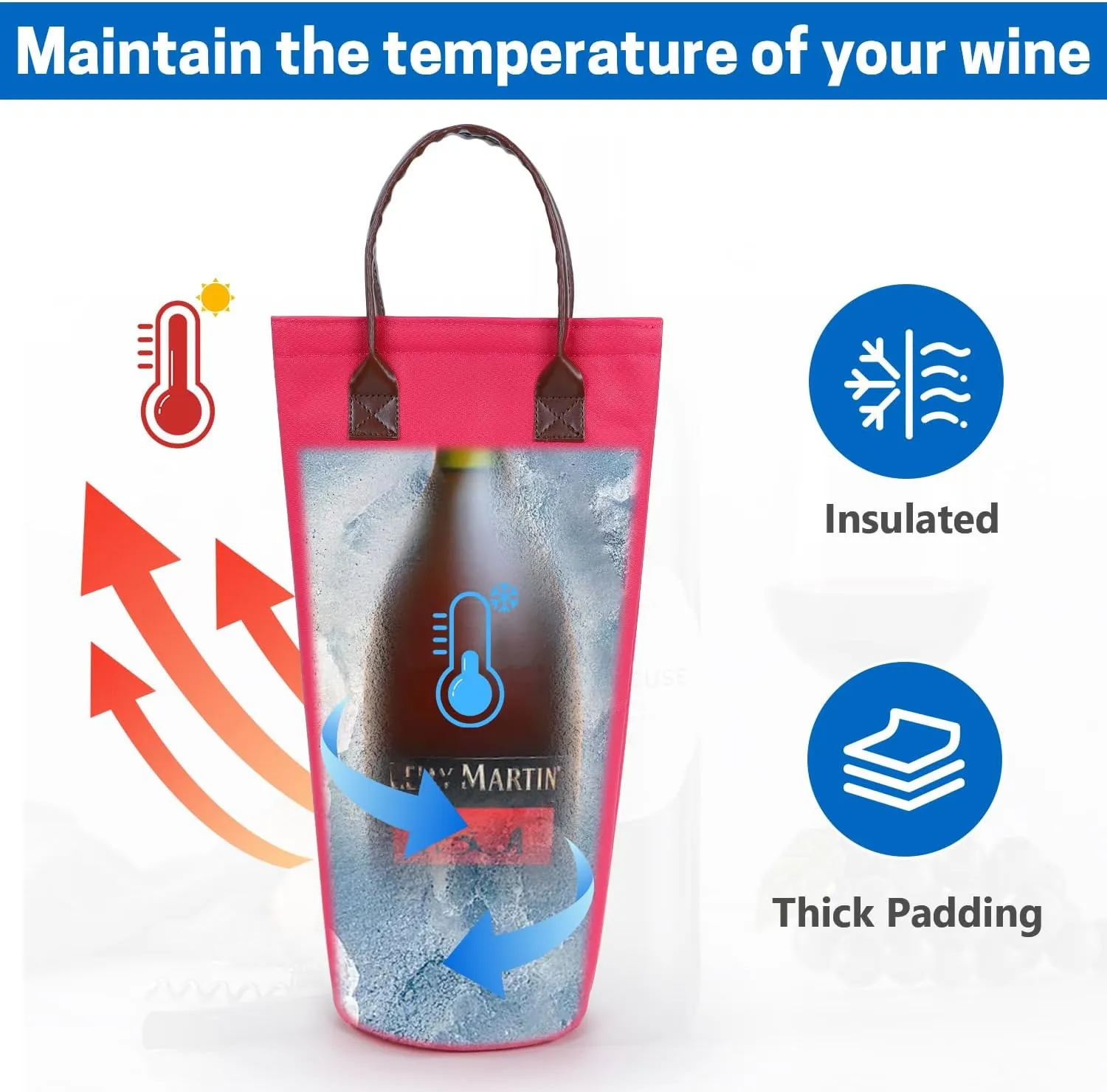 VISEMAN Single Bottle Wine Tote Bag Insulated, Wine Carrier Bag for One Bottle, Padded Wine Cooler Bag, Portable Wine Tote Bag for Wine Lovers Gift (Red)