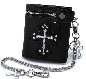 vogueteen Mens Gothic Cross Clasp Black Leather Wallet with Anti-Theft Biker Chain Man Zipper Purse
