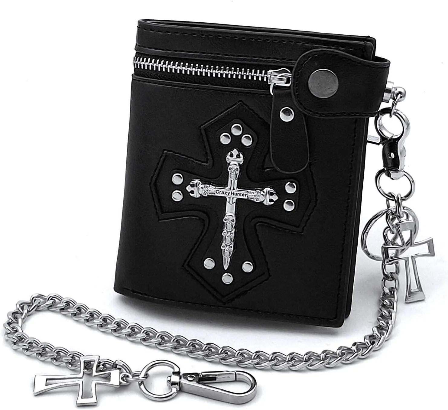 vogueteen Mens Gothic Cross Clasp Black Leather Wallet with Anti-Theft Biker Chain Man Zipper Purse