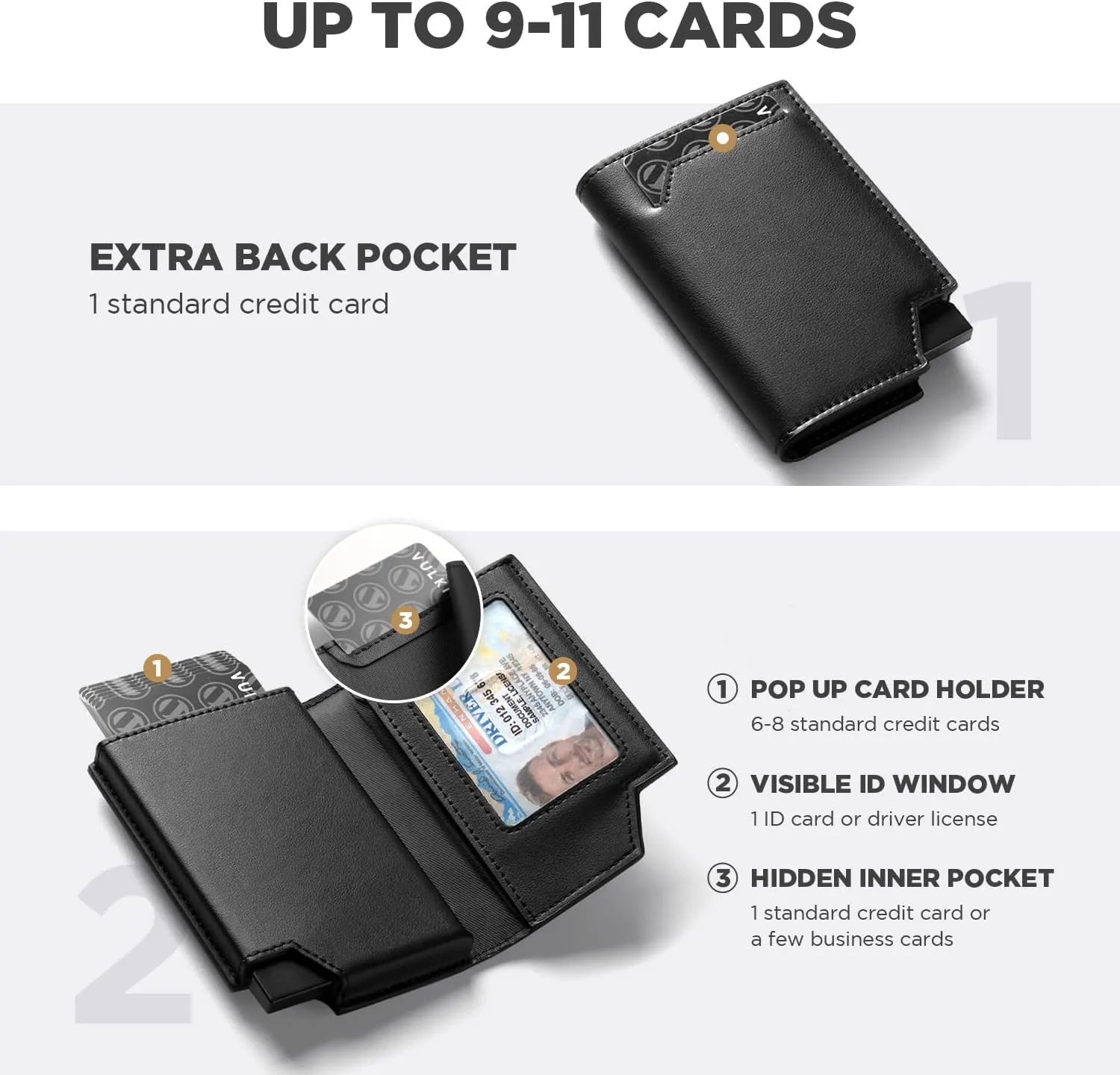 VULKIT Men's Wallet Minimalist Pop Up Card Holder RFID Blocking Magnetic Closure Leather Wallet with ID Window for Cash & Credit Cards Up To 11 Cards
