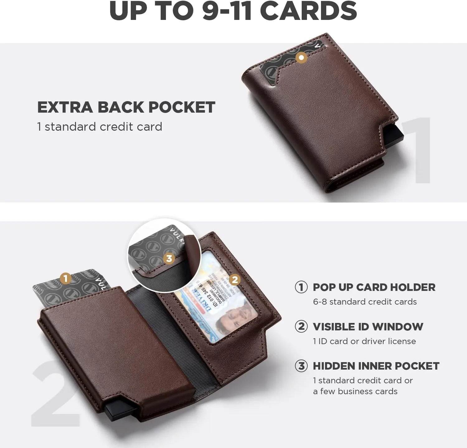 VULKIT Men's Wallet Minimalist Pop Up Card Holder RFID Blocking Magnetic Closure Leather Wallet with ID Window for Cash & Credit Cards Up To 11 Cards