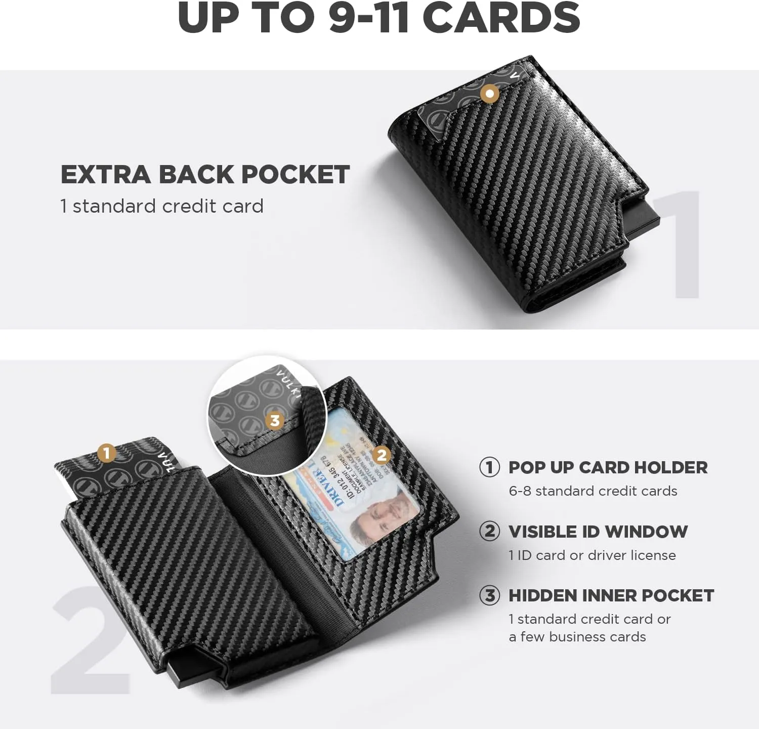 VULKIT Men's Wallet Minimalist Pop Up Card Holder RFID Blocking Magnetic Closure Leather Wallet with ID Window for Cash & Credit Cards Up To 11 Cards