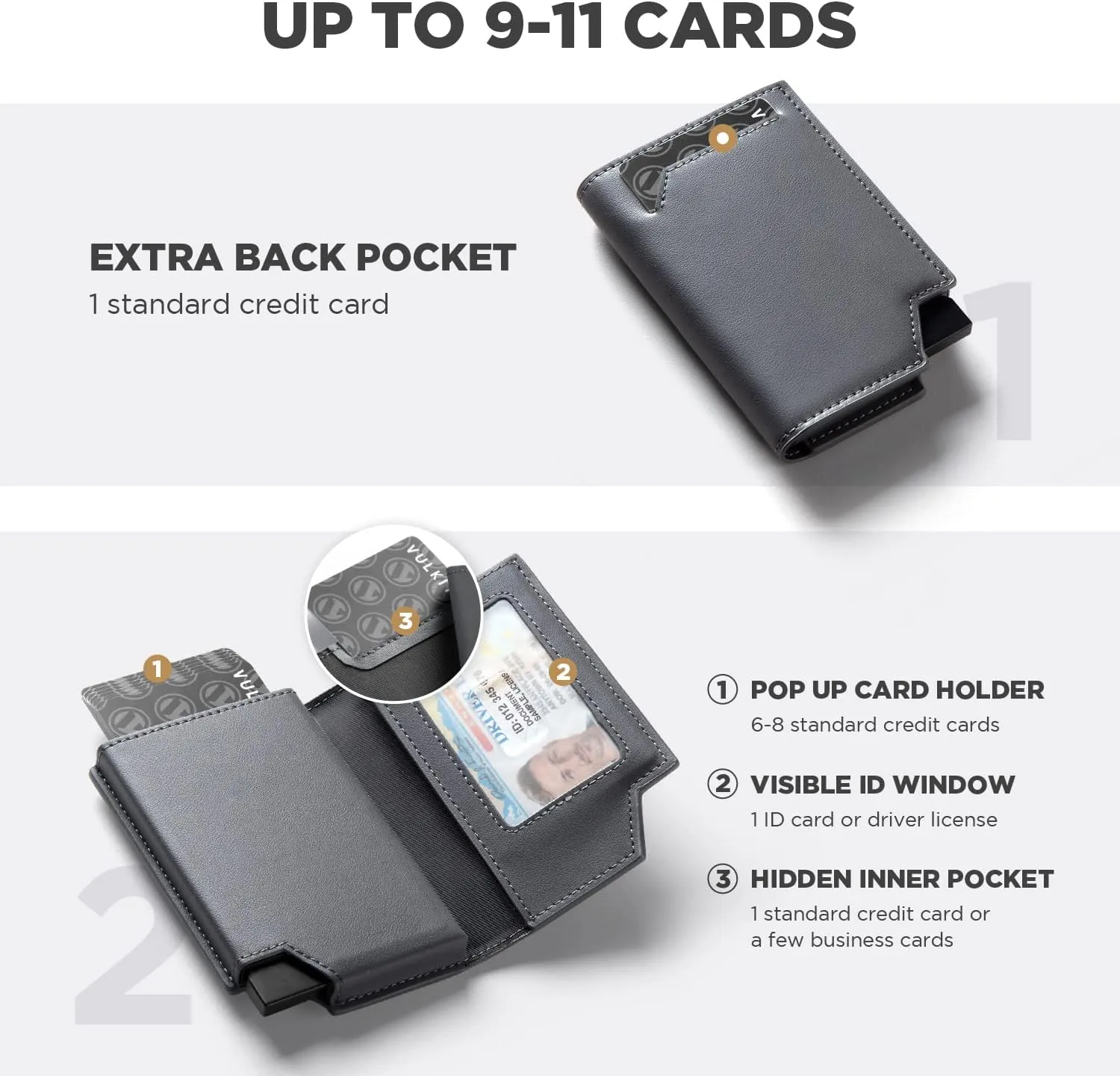 VULKIT Men's Wallet Minimalist Pop Up Card Holder RFID Blocking Magnetic Closure Leather Wallet with ID Window for Cash & Credit Cards Up To 11 Cards