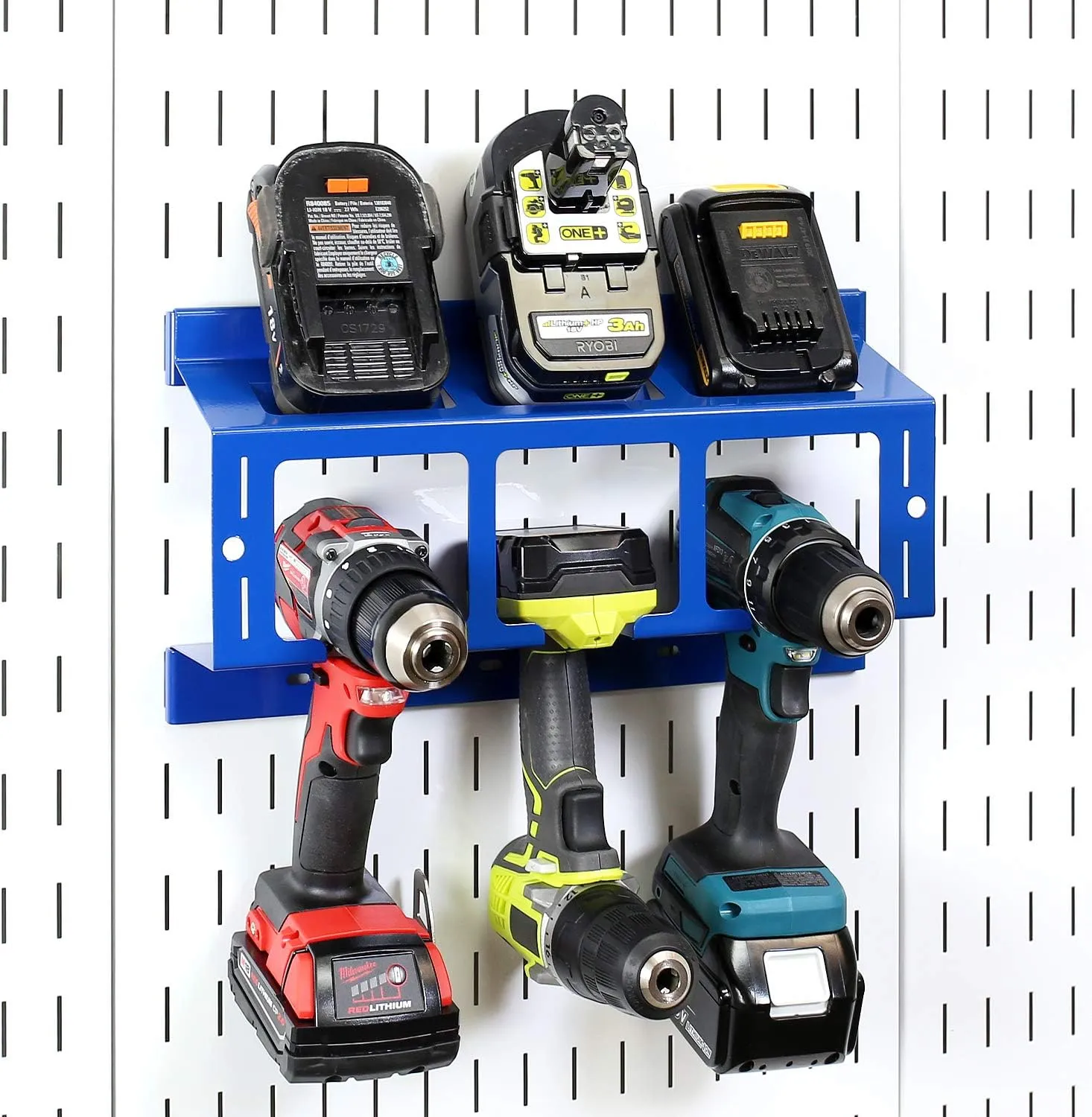 Wall Control Drill Holder Power Tool Storage Rack - Compact Impact Drill Battery Power Tool Pegboard Organizer for Wall Control Pegboard (Blue)