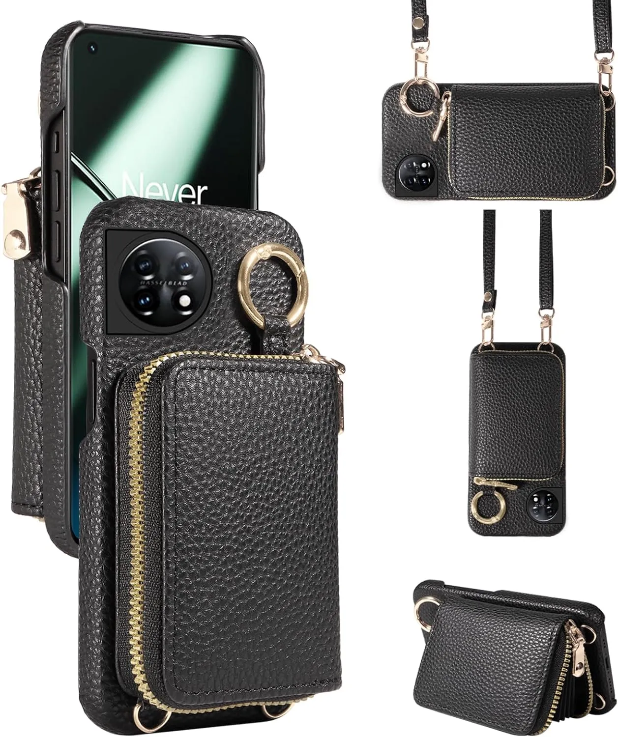 Wallet Case for OnePlus 11 5G with Shoulder Strap Ring Buckle, Luxury PU Leather Zipper Flip Organ Purse, Credit Card Holder Stand Cell Phone Cover for One Plus11 1 Plus 1plus11 One  1  Black