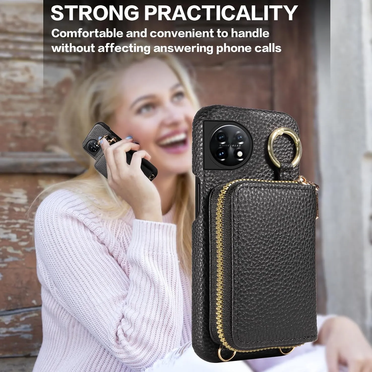 Wallet Case for OnePlus 11 5G with Shoulder Strap Ring Buckle, Luxury PU Leather Zipper Flip Organ Purse, Credit Card Holder Stand Cell Phone Cover for One Plus11 1 Plus 1plus11 One  1  Black