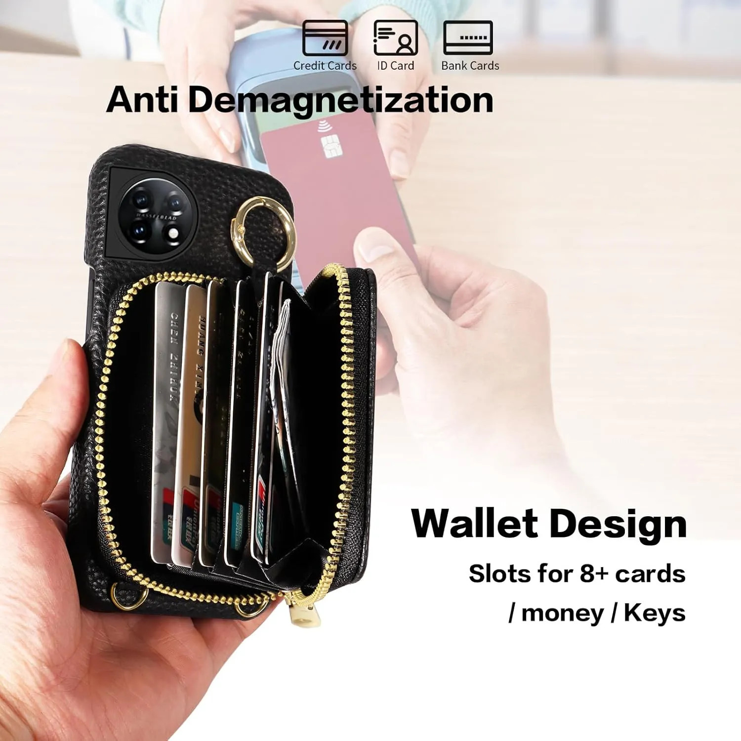 Wallet Case for OnePlus 11 5G with Shoulder Strap Ring Buckle, Luxury PU Leather Zipper Flip Organ Purse, Credit Card Holder Stand Cell Phone Cover for One Plus11 1 Plus 1plus11 One  1  Black