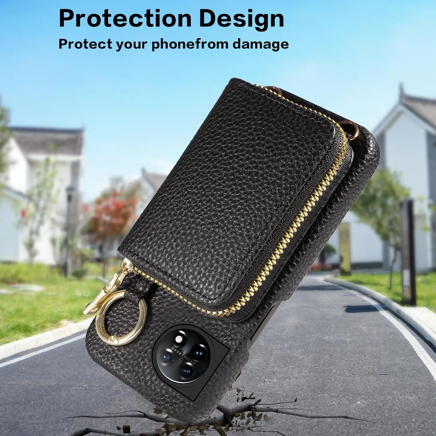 Wallet Case for OnePlus 11 5G with Shoulder Strap Ring Buckle, Luxury PU Leather Zipper Flip Organ Purse, Credit Card Holder Stand Cell Phone Cover for One Plus11 1 Plus 1plus11 One  1  Black