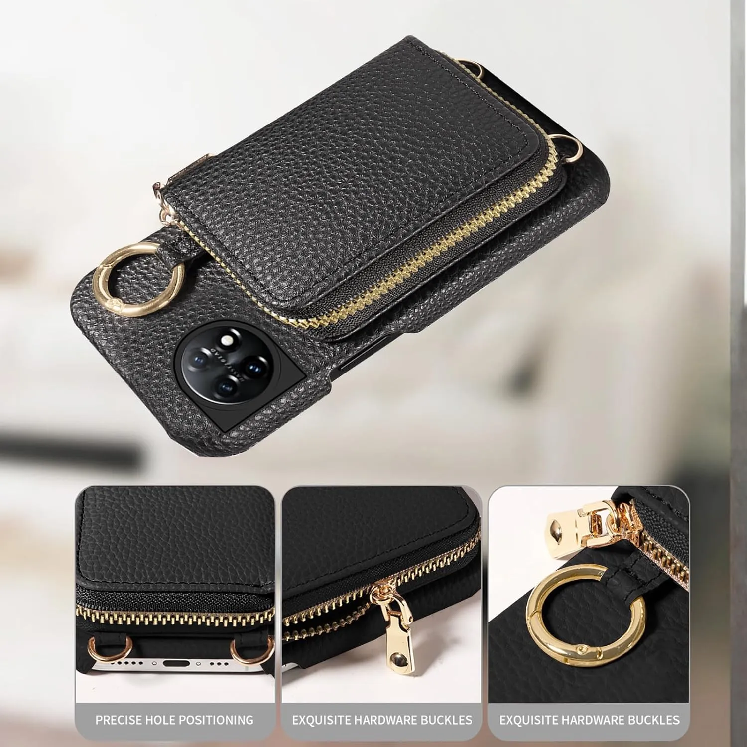 Wallet Case for OnePlus 11 5G with Shoulder Strap Ring Buckle, Luxury PU Leather Zipper Flip Organ Purse, Credit Card Holder Stand Cell Phone Cover for One Plus11 1 Plus 1plus11 One  1  Black
