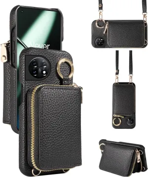 Wallet Case for OnePlus 11 5G with Shoulder Strap Ring Buckle, Luxury PU Leather Zipper Flip Organ Purse, Credit Card Holder Stand Cell Phone Cover for One Plus11 1 Plus 1plus11 One  1  Black