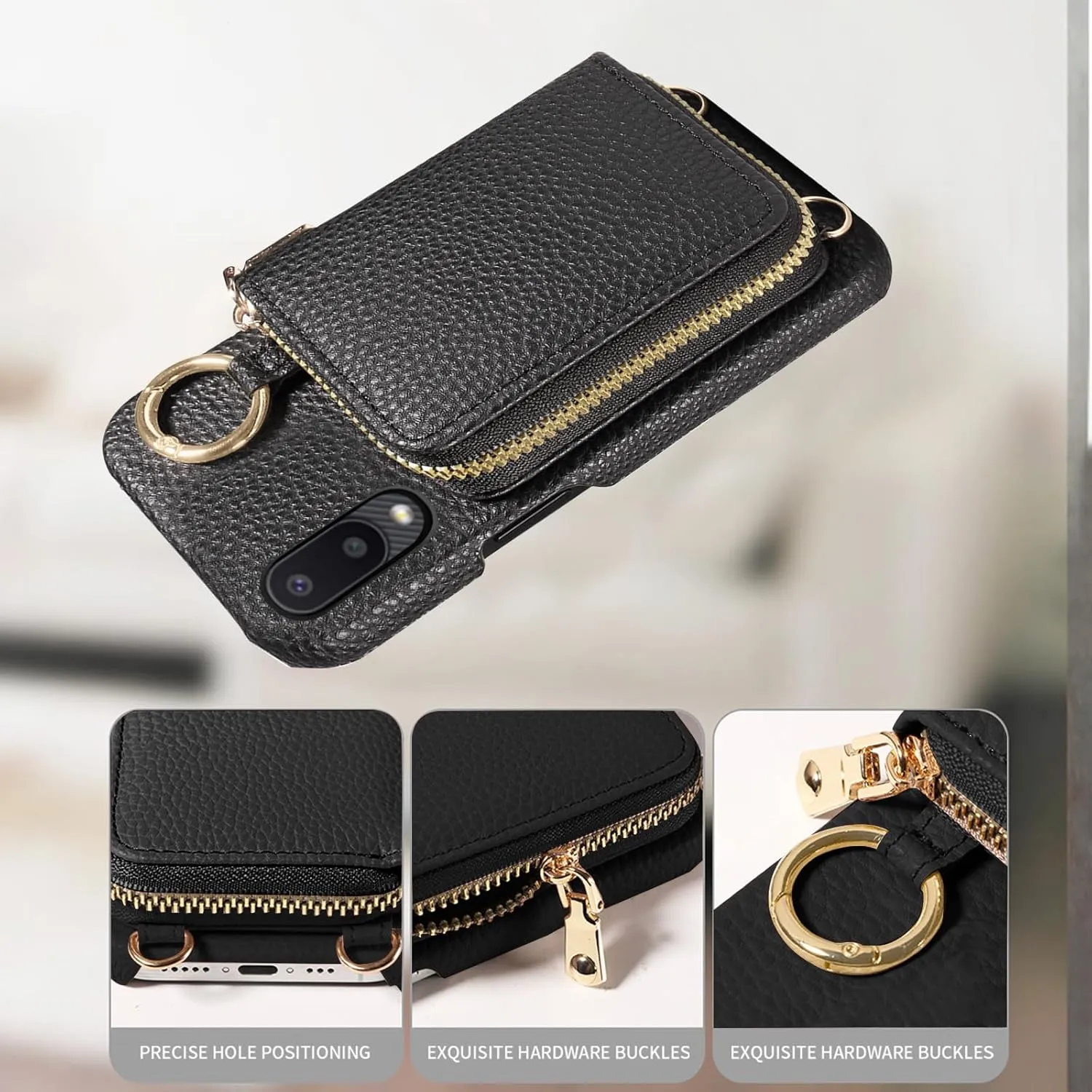 Wallet Case for Samsung Galaxy A02 with Shoulder Strap Ring Buckle, Luxury PU Leather Zipper Flip Organ Purse, Credit Card Holder Stand Cell Phone Cover for A 02 5G 02A Ao2 M02 Women Men Black