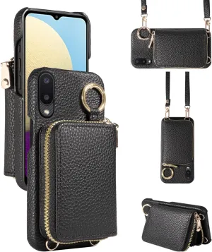 Wallet Case for Samsung Galaxy A02 with Shoulder Strap Ring Buckle, Luxury PU Leather Zipper Flip Organ Purse, Credit Card Holder Stand Cell Phone Cover for A 02 5G 02A Ao2 M02 Women Men Black