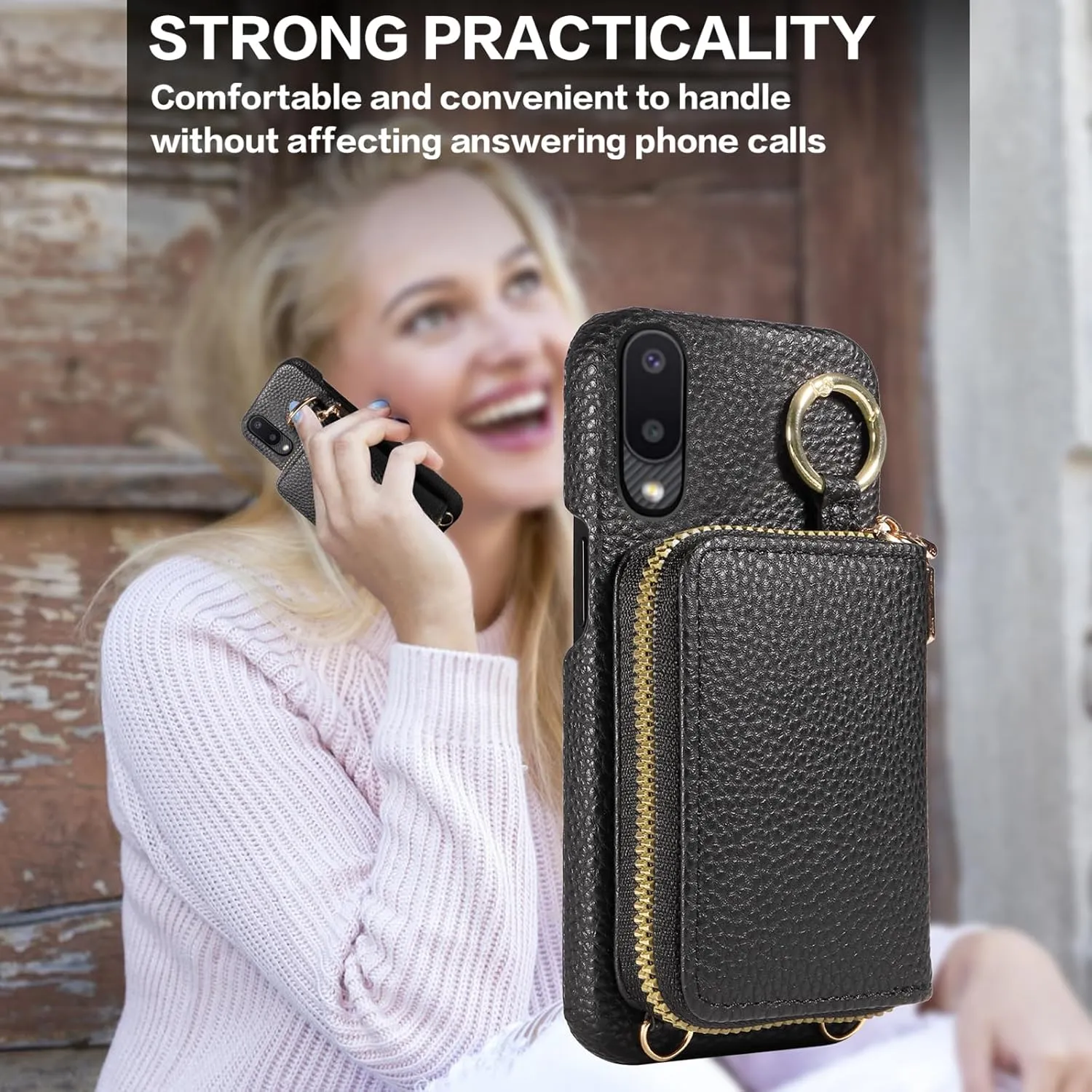 Wallet Case for Samsung Galaxy A02 with Shoulder Strap Ring Buckle, Luxury PU Leather Zipper Flip Organ Purse, Credit Card Holder Stand Cell Phone Cover for A 02 5G 02A Ao2 M02 Women Men Black